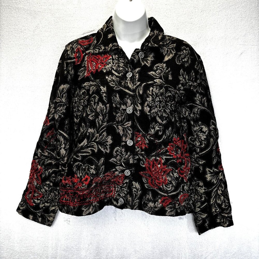 Chico's Jacquard Floral Jacket 0 (Small 4) Black Red Gold Embroidered Christmas‎